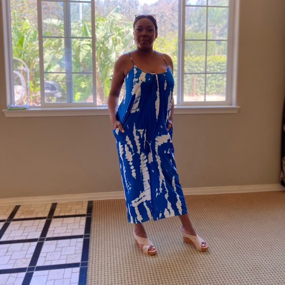Overalls Jumpsuit Romper Oversized Tie Dye Boho Jumpsuit Bright Blue/White - Picture 12 of 17